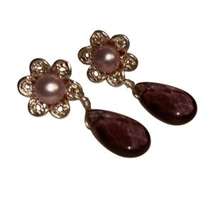 Vintage Artisan Silver Tone Pink Pearl Flower Purple Teardrop Bead Drop Earrings